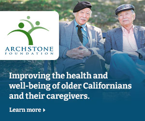 Archstone Foundation banner ad showing photo of 2 men on park bench with logo and white serif type