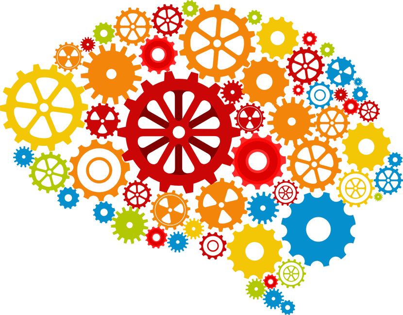 Illustration of a brain made of a collage of colored cogs