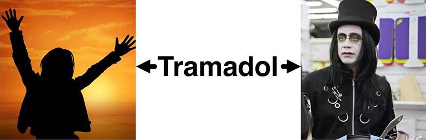 Word Tramadol between 2 images of a happy person and a crazed person