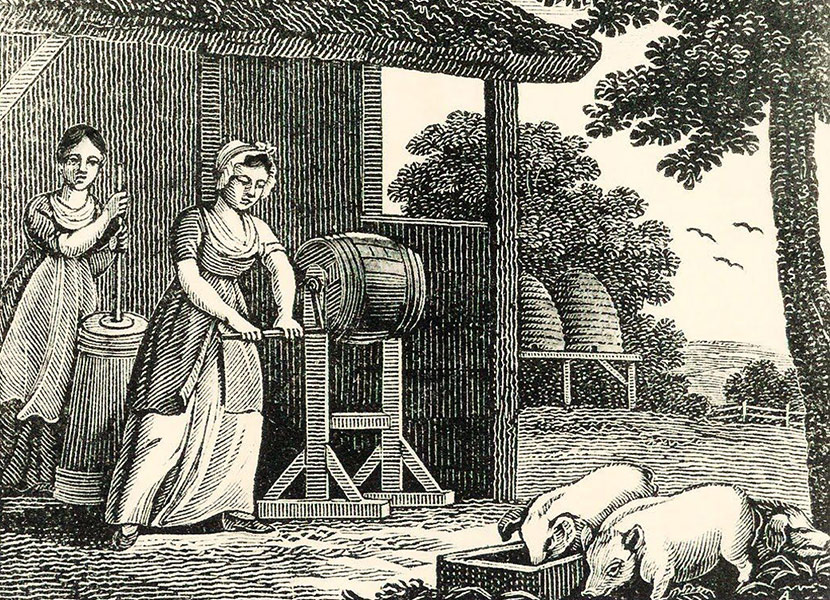 Old pen and ink illustration of women churning butter