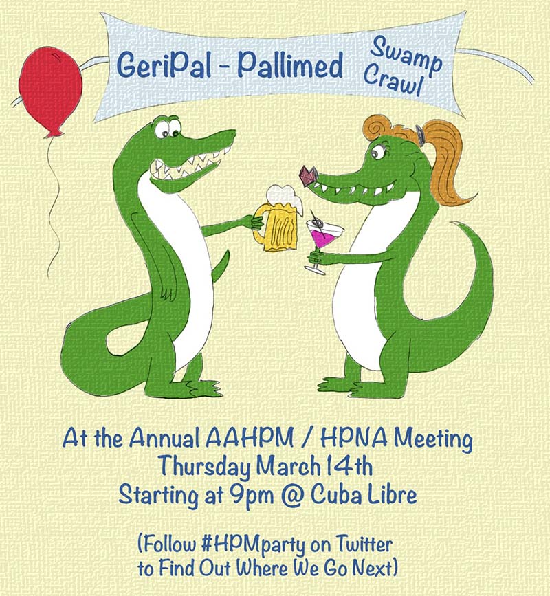 Event flyer showing illustration of alligators having cocktails with blue serif type